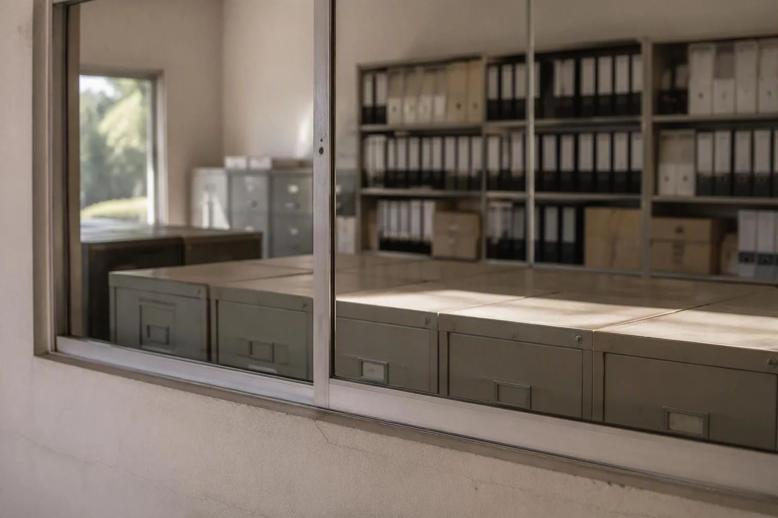 Janela do escritório com o arquivo de contratos ao fundo