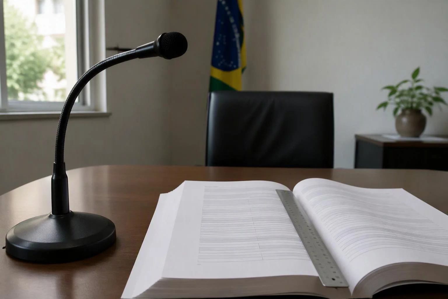 Microfone de mesa usado nas reuniões de leitura de cláusula