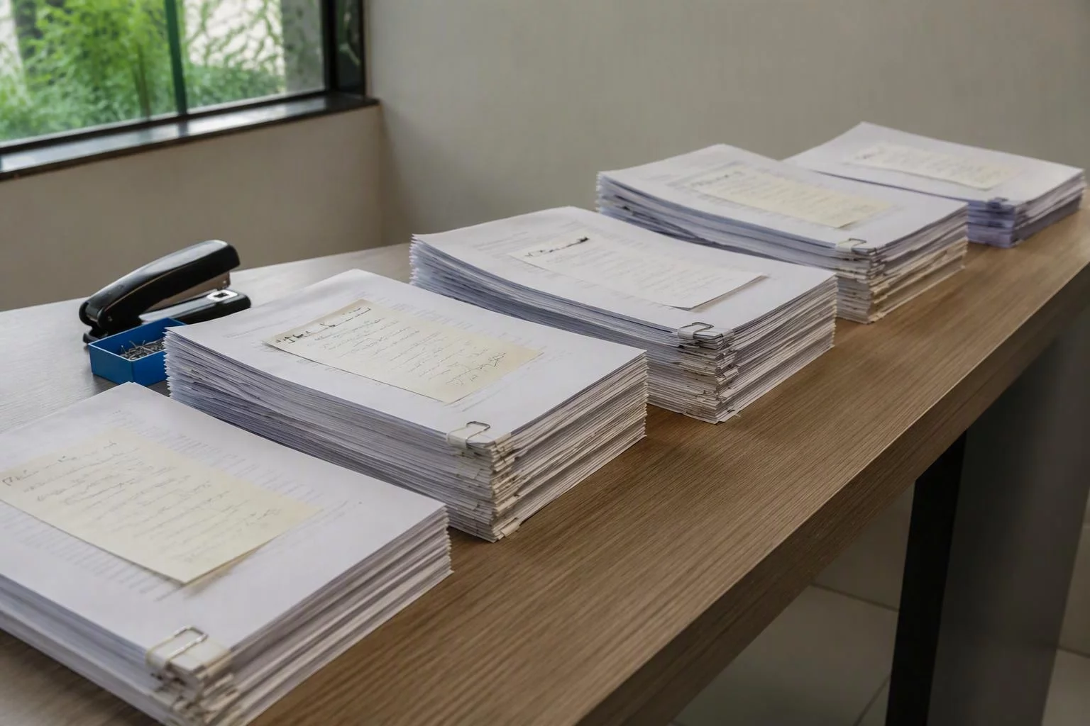 Contratos grampeados em maços separados por ano de assinatura