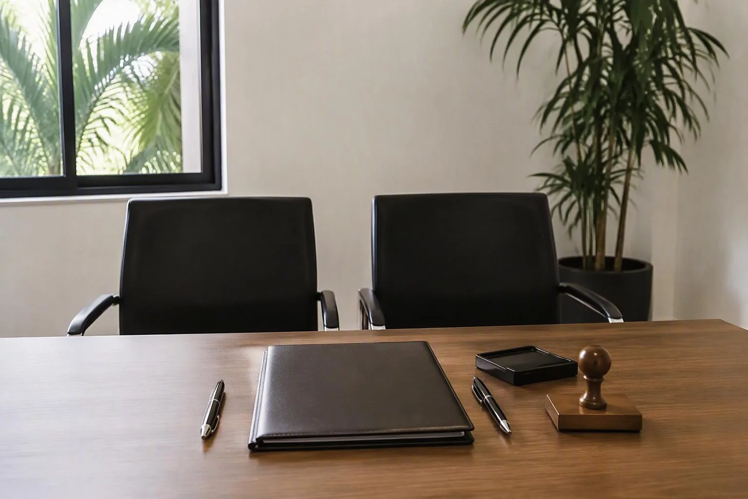 Duas cadeiras vazias diante da mesa de assinatura da banca