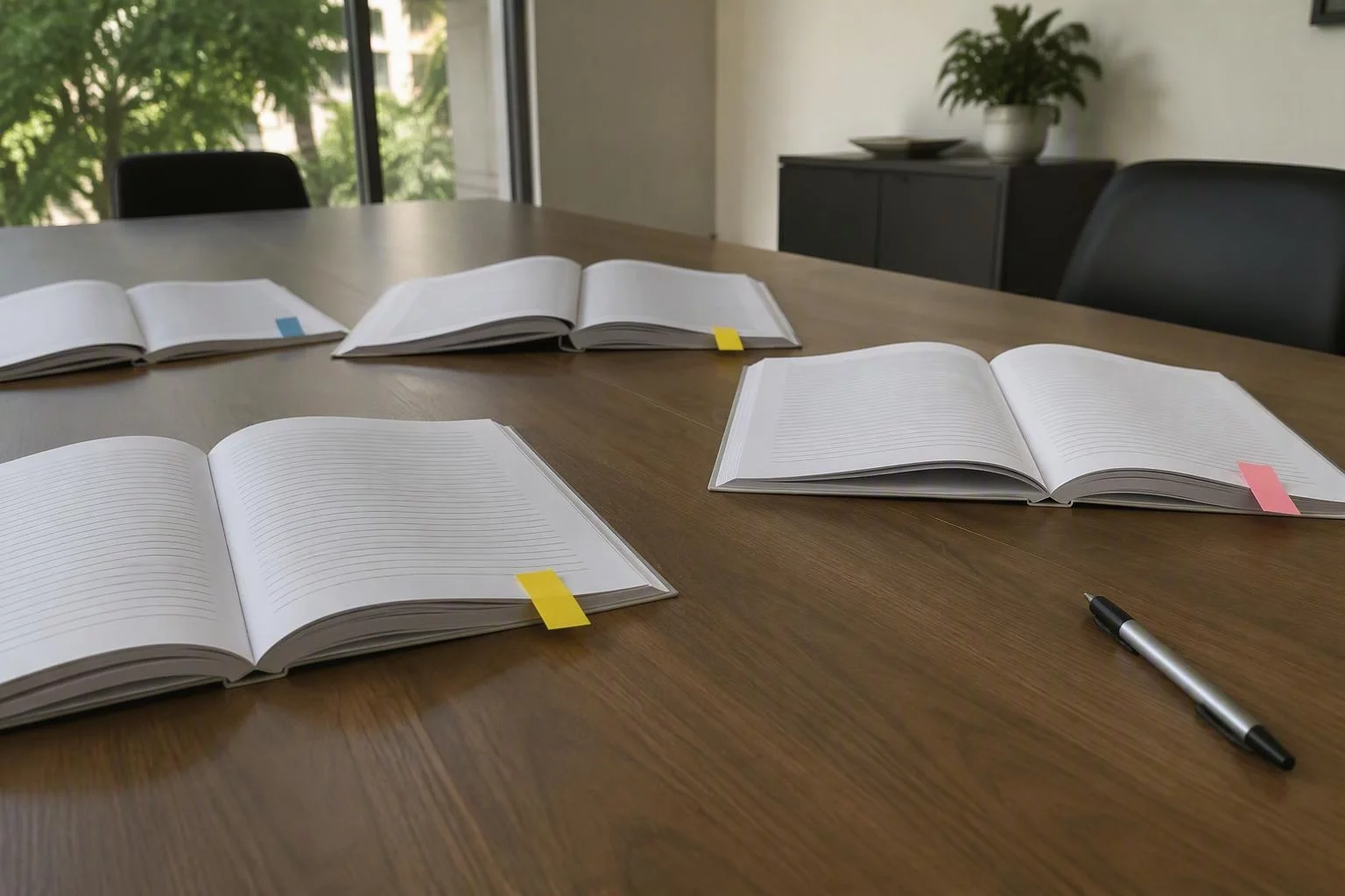 Mesa larga com contratos abertos e etiquetas de vencimento coloridas